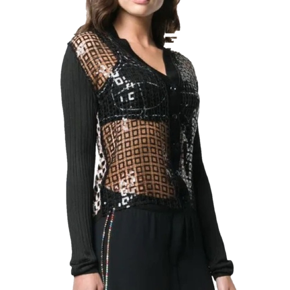Marco De Vincenzo Sheer Sequined Long Sleeve Black Cardigan Sweater Size 6